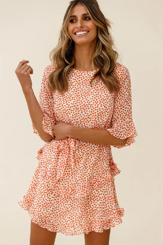 Maxi Women Dress with Floral Print for a Bohemian VibeWife Me Crew Neck Ruffle Insert Dress Polka Dot Orange Maxi Women Dress with Floral Print for a Bohemian VibeWife Me Crew Neck Ruffle Insert Dress Polka Dot Orange