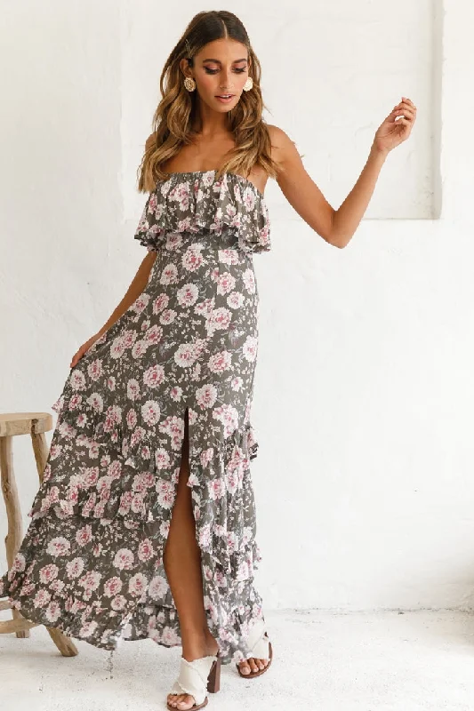 Ball Gown Women Dress with a Full Skirt for a Princess - like LookZulu Frill Bust Front Split Maxi Dress Floral Print Olive Ball Gown Women Dress with a Full Skirt for a Princess - like LookZulu Frill Bust Front Split Maxi Dress Floral Print Olive