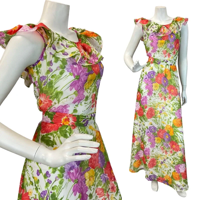 Ruffled Women Dress with Multiple Layers for a Playful and Girly Style Ruffled Women Dress with Multiple Layers for a Playful and Girly Style VTG 60s 70s WHITE BRIGHT MULTICOLOUR FLORAL RUFFLE NECK SUMMER MAXI DRESS 10 12