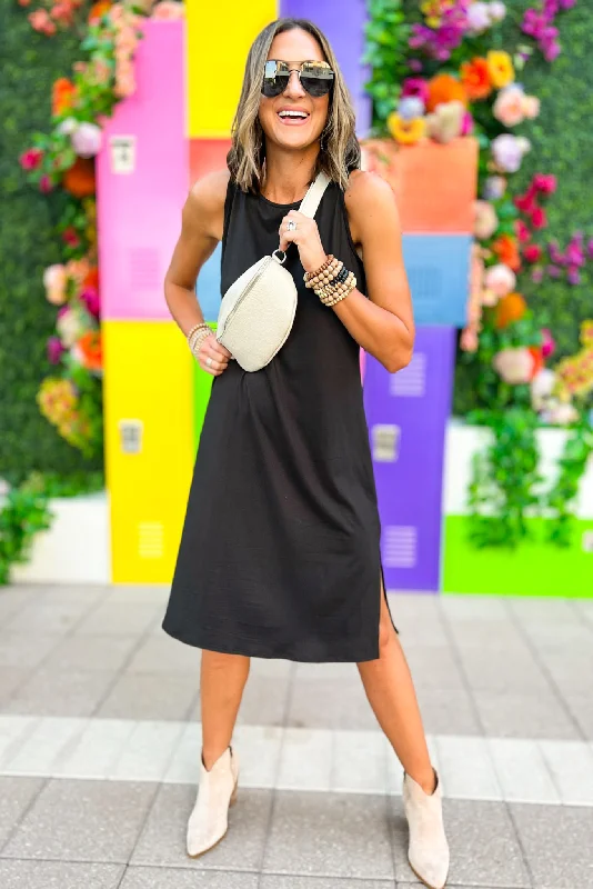 Midi dresses with mesh inserts for a trendy and breathable optionBlack Scoop Neck Sleeveless Slit Midi Dress Midi dresses with mesh inserts for a trendy and breathable optionBlack Scoop Neck Sleeveless Slit Midi Dress