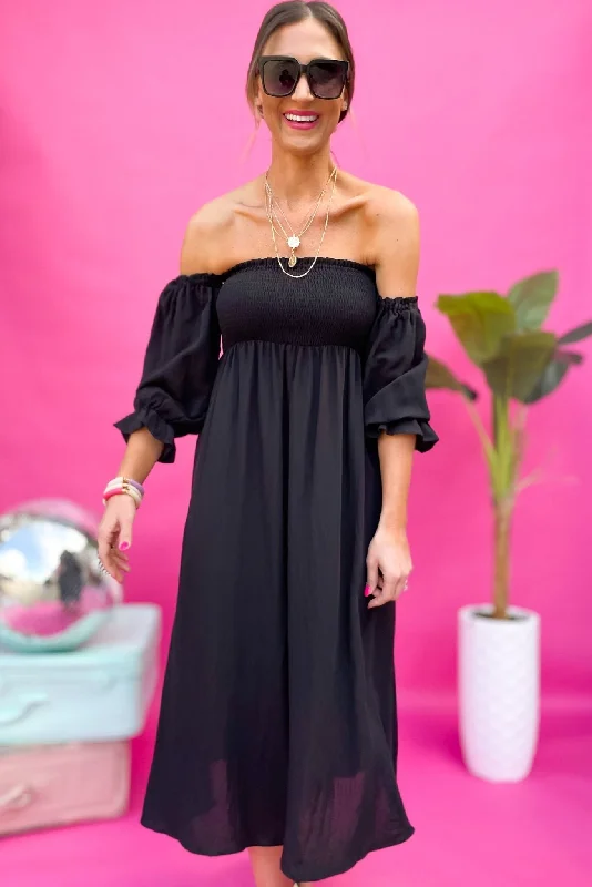 Midi dresses with ruched bodices for a feminine and fitted feelBlack Smocked Bubble Sleeve Square Neck Dress Midi dresses with ruched bodices for a feminine and fitted feelBlack Smocked Bubble Sleeve Square Neck Dress