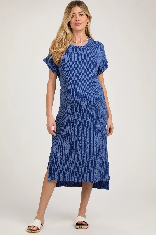 Plaid midi dresses for a fall - themed family gatheringBlue Ribbed Short Sleeve Maternity Midi Dress Plaid midi dresses for a fall - themed family gatheringBlue Ribbed Short Sleeve Maternity Midi Dress