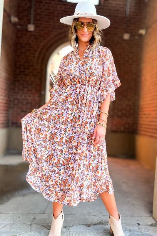 Midi dresses with sheer panels for a touch of allureBrown Floral V Neck Flowy Sleeve Maxi Dress Midi dresses with sheer panels for a touch of allureBrown Floral V Neck Flowy Sleeve Maxi Dress
