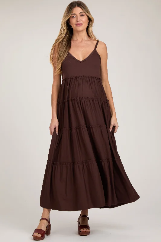 Maxi - inspired midi dresses with flowing fabrics for a beachy vibeBrown Tiered Sleeveless Maternity Maxi Dress Maxi - inspired midi dresses with flowing fabrics for a beachy vibeBrown Tiered Sleeveless Maternity Maxi Dress