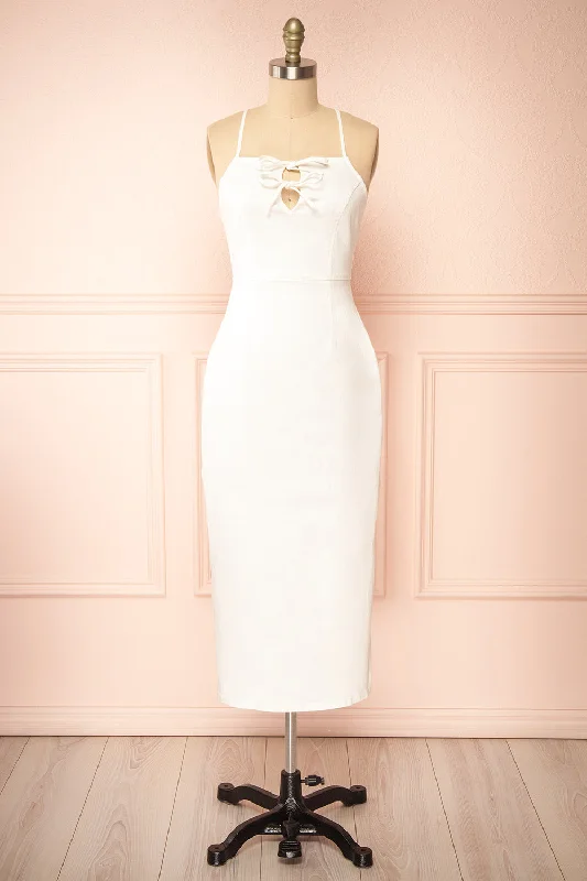 Midi dresses with satin - finish fabrics for a luxurious feelCadila | Fitted Ivory Denim Midi Dress Midi dresses with satin - finish fabrics for a luxurious feelCadila | Fitted Ivory Denim Midi Dress
