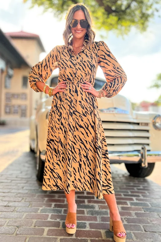 Midi dresses with cold - shoulder cutouts for a trendy styleCamel Animal Stripe Button Down Collared Midi Dress Midi dresses with cold - shoulder cutouts for a trendy styleCamel Animal Stripe Button Down Collared Midi Dress