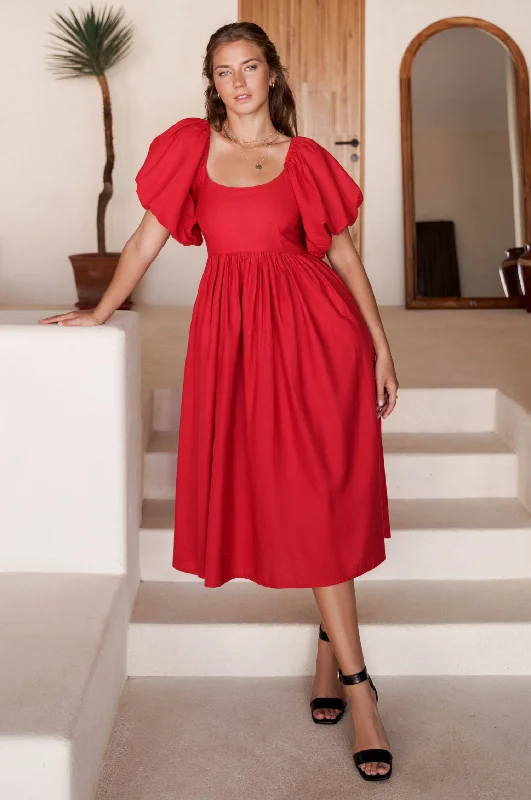 Midi dresses with ruffled bodices for a more pronounced feminine lookCherie Puff Sleeve Midi Dress Midi dresses with ruffled bodices for a more pronounced feminine lookCherie Puff Sleeve Midi Dress