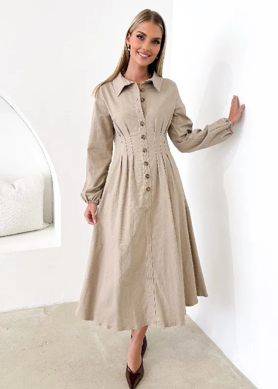 Midi dresses with fringe details for a fun and energetic styleChrissly Denim Midi Dress - Beige Midi dresses with fringe details for a fun and energetic styleChrissly Denim Midi Dress - Beige