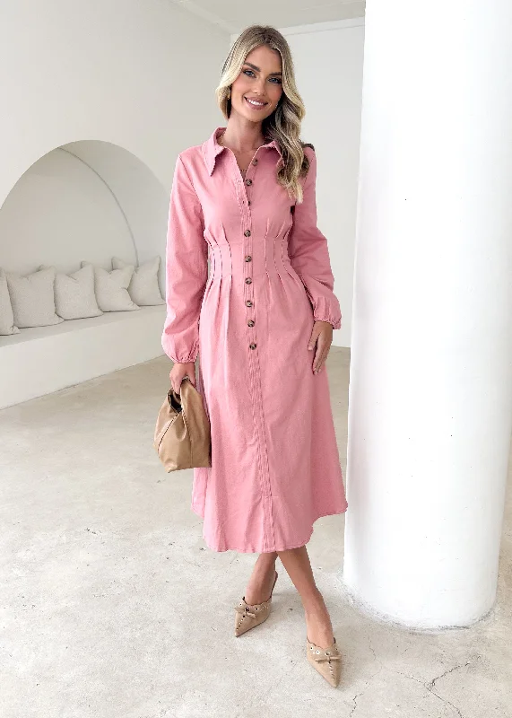 Midi dresses with cotton - blend materials for everyday comfortChrissly Denim Midi Dress - Pink Midi dresses with cotton - blend materials for everyday comfortChrissly Denim Midi Dress - Pink