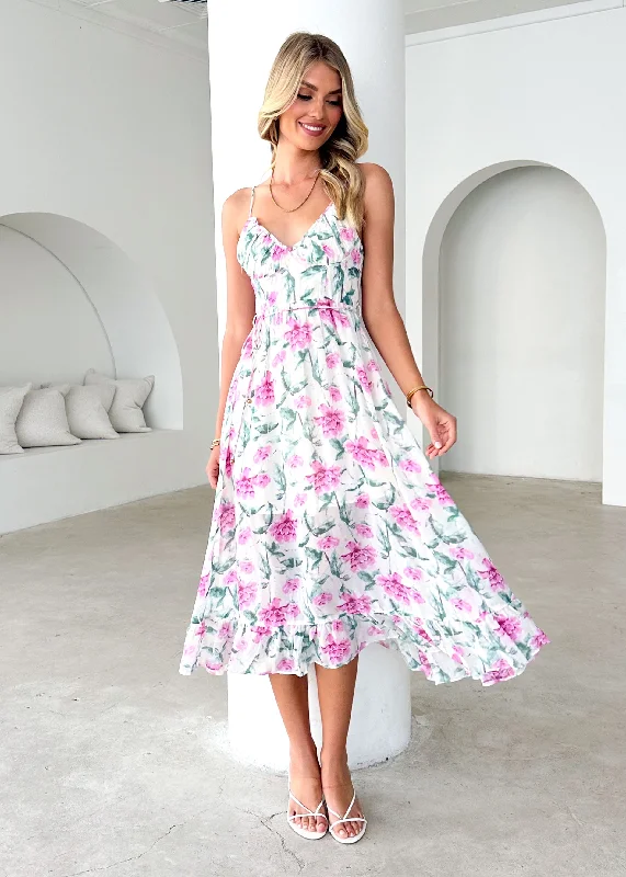 Midi dresses with puff sleeves for a vintage - inspired lookJessinta Midi Dress - Beige Floral Midi dresses with puff sleeves for a vintage - inspired lookJessinta Midi Dress - Beige Floral
