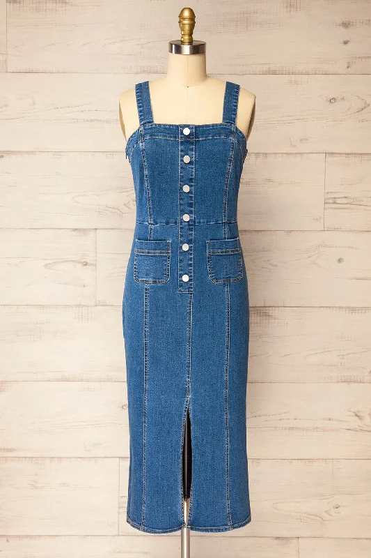 Midi dresses with off - the - shoulder necklines for a flirty lookKhost | Fitted Blue Denim Midi Dress Midi dresses with off - the - shoulder necklines for a flirty lookKhost | Fitted Blue Denim Midi Dress