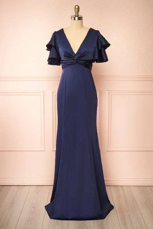 Midi dresses with pleated bodices for a classic and tailored lookKyana | V-Neck Navy Satin Maxi Dress Midi dresses with pleated bodices for a classic and tailored lookKyana | V-Neck Navy Satin Maxi Dress
