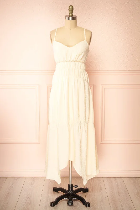 Midi dresses with polka dot prints for a playful summer outfitLaurelou | Ruched Cream Midi Dress w/ Thin Straps Midi dresses with polka dot prints for a playful summer outfitLaurelou | Ruched Cream Midi Dress w/ Thin Straps