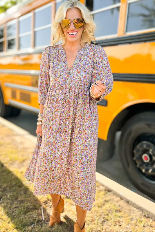 Midi dresses with abstract art prints for an artistic statementLavender Floral Collarless V Neck Midi Dress Midi dresses with abstract art prints for an artistic statementLavender Floral Collarless V Neck Midi Dress