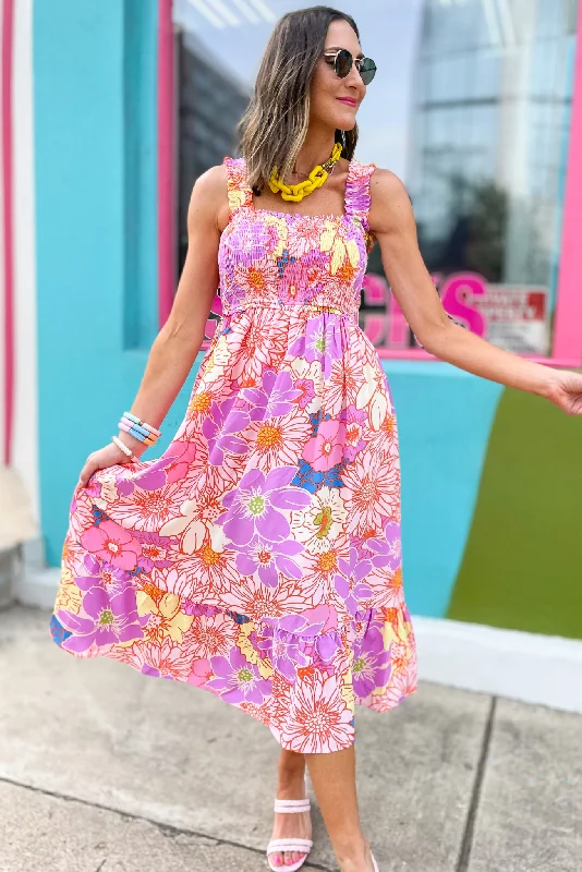 Midi dresses with ribbed textures for a unique and tactile appearanceLavender Floral Print Square Neck Smocked Ruffle Strap Midi Dress Midi dresses with ribbed textures for a unique and tactile appearanceLavender Floral Print Square Neck Smocked Ruffle Strap Midi Dress