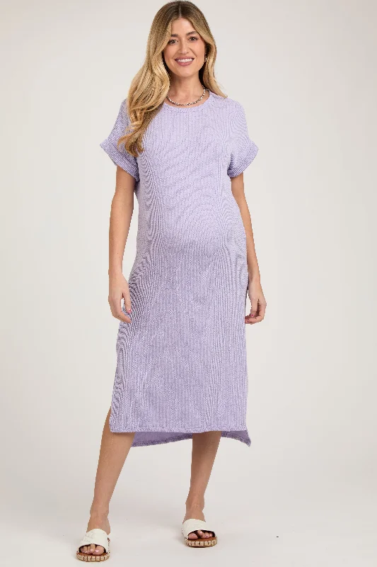 Midi dresses with button - down skirts for a unique and functional designLavender Ribbed Short Sleeve Maternity Midi Dress Midi dresses with button - down skirts for a unique and functional designLavender Ribbed Short Sleeve Maternity Midi Dress