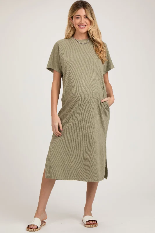 Midi dresses with pom - pom trims for a playful and festive lookLight Olive Ribbed Short Dolman Sleeve Side Slit Maternity Midi Dress Midi dresses with pom - pom trims for a playful and festive lookLight Olive Ribbed Short Dolman Sleeve Side Slit Maternity Midi Dress