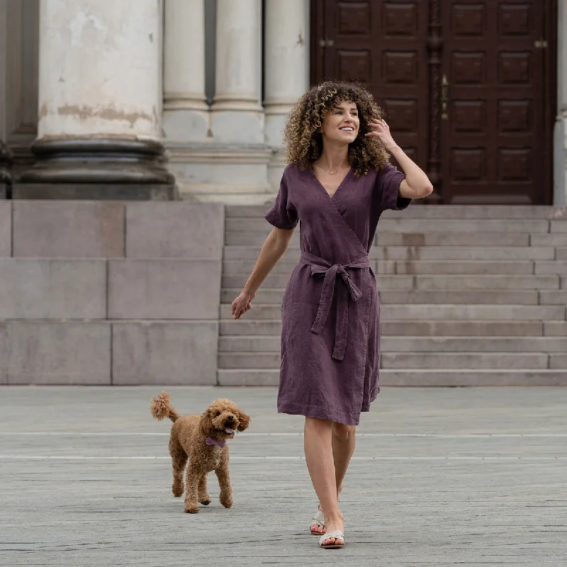 Midi dresses with cold - shoulder cutouts for a trendy styleLinen Wrap Dress Eliana Shadow Purple Midi dresses with cold - shoulder cutouts for a trendy styleLinen Wrap Dress Eliana Shadow Purple