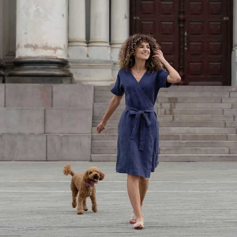 Midi dresses with mesh inserts for a trendy and breathable optionLinen Wrap Dress Eliana Storm Blue Midi dresses with mesh inserts for a trendy and breathable optionLinen Wrap Dress Eliana Storm Blue