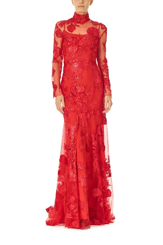Midi dresses with tassel accents for a bohemian and free - spirited styleLong Sleeve Embroidered Tulle Gown Midi dresses with tassel accents for a bohemian and free - spirited styleLong Sleeve Embroidered Tulle Gown