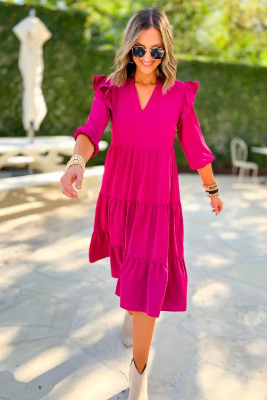 Midi dresses with patchwork patterns for a one - of - a - kind styleMagenta Three Quarter Sleeve Ruffle Shoulder Tiered Midi Dress SSYS The Label Midi dresses with patchwork patterns for a one - of - a - kind styleMagenta Three Quarter Sleeve Ruffle Shoulder Tiered Midi Dress SSYS The Label
