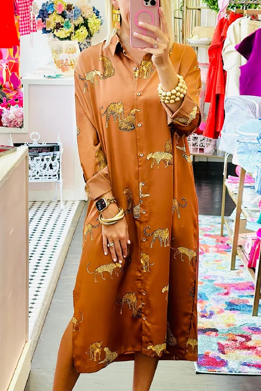 Midi dresses with button - front designs for a classic touchMustard Cheetah Print Button-Up Split Shirt Dress Midi dresses with button - front designs for a classic touchMustard Cheetah Print Button-Up Split Shirt Dress