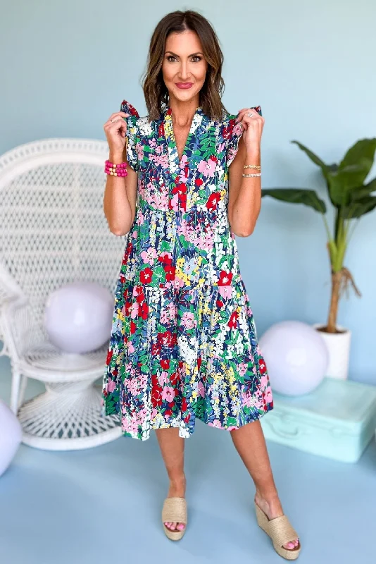 Midi dresses with satin - finish fabrics for a luxurious feelNavy Floral Flutter Sleeve V Neck Tiered Midi Dress Midi dresses with satin - finish fabrics for a luxurious feelNavy Floral Flutter Sleeve V Neck Tiered Midi Dress