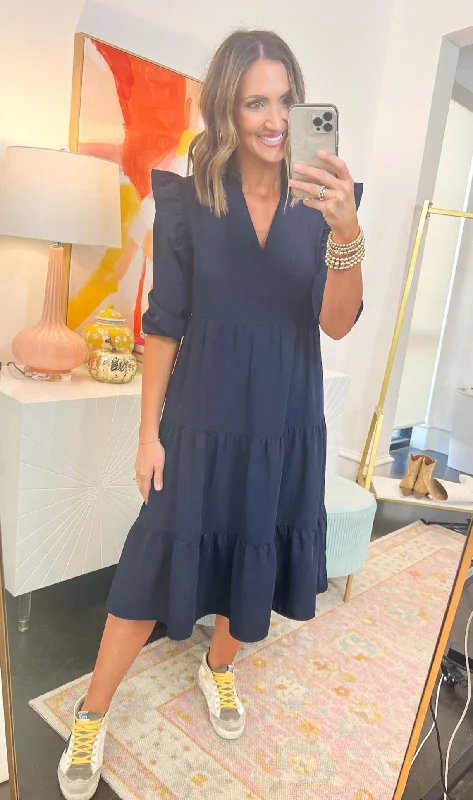 Midi dresses with empire waists for a flattering maternity optionNavy Three Quarter Sleeve Ruffle Shoulder Tiered Midi Dress SSYS The Label Midi dresses with empire waists for a flattering maternity optionNavy Three Quarter Sleeve Ruffle Shoulder Tiered Midi Dress SSYS The Label