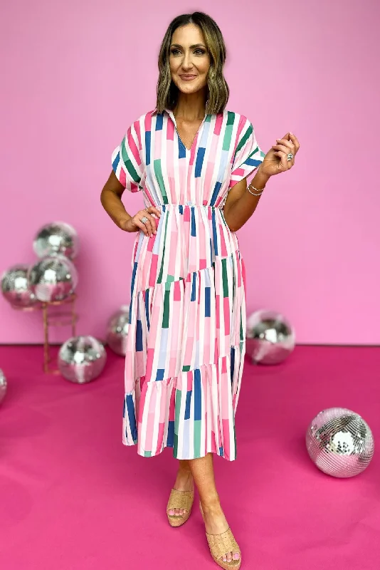 Midi dresses with V - necklines for a flattering and elongating effectPink Abstract Printed V Neck Collared Midi Dress Midi dresses with V - necklines for a flattering and elongating effectPink Abstract Printed V Neck Collared Midi Dress