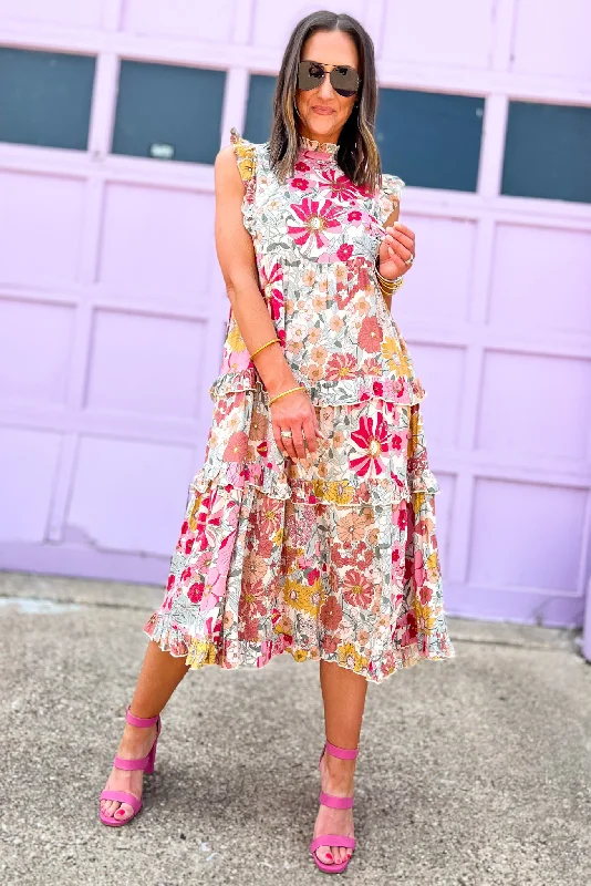 Midi dresses with button - front designs for a classic touchPink Floral Print Frill Neck Cap Sleeve Tiered Midi Dress Midi dresses with button - front designs for a classic touchPink Floral Print Frill Neck Cap Sleeve Tiered Midi Dress