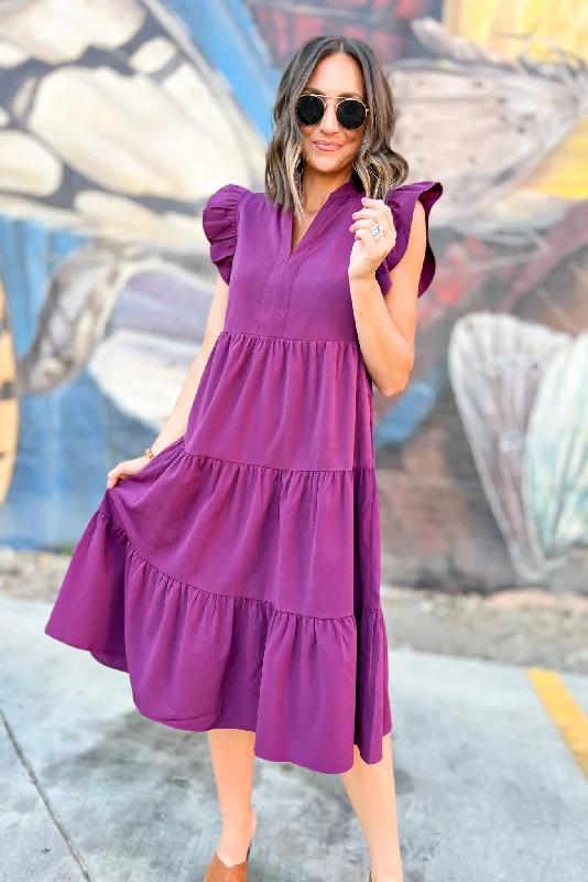 Midi dresses with tassel accents for a bohemian and free - spirited stylePlum V Neck Flutter Sleeve Tiered Midi Dress Midi dresses with tassel accents for a bohemian and free - spirited stylePlum V Neck Flutter Sleeve Tiered Midi Dress