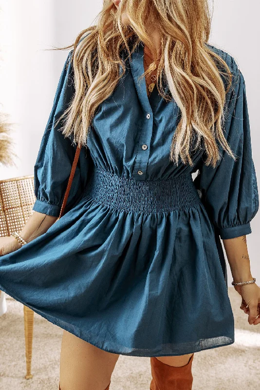 Midi dresses with button - down skirts for a unique and functional designSolid 3/4 Sleeve High Waist Mini Dress Midi dresses with button - down skirts for a unique and functional designSolid 3/4 Sleeve High Waist Mini Dress