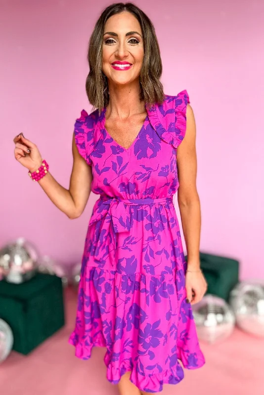 Midi dresses with printed lining for a hidden and stylish detailPurple Pink Floral V Neck Ruffle Sleeveless Midi Dress Midi dresses with printed lining for a hidden and stylish detailPurple Pink Floral V Neck Ruffle Sleeveless Midi Dress