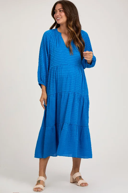 Wrap - style midi dresses in silk for a sophisticated office lookRoyal Textured Tiered Maternity Midi Dress Wrap - style midi dresses in silk for a sophisticated office lookRoyal Textured Tiered Maternity Midi Dress