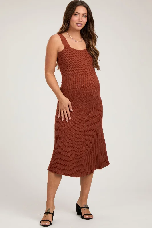 Midi dresses with side slits for a sexy and elegant appearanceRust Sweater Knit A-Line Maternity Midi Dress Midi dresses with side slits for a sexy and elegant appearanceRust Sweater Knit A-Line Maternity Midi Dress