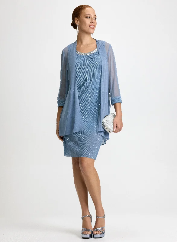 Midi dresses with off - the - shoulder necklines for a flirty lookSheer Jacket & Knit Dress Set Midi dresses with off - the - shoulder necklines for a flirty lookSheer Jacket & Knit Dress Set