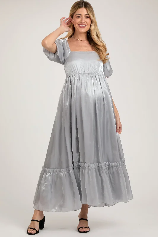Midi dresses with belted waists to accentuate the figureSilver Satin Square Neck Short Puff Sleeve Maternity Maxi Dress Midi dresses with belted waists to accentuate the figureSilver Satin Square Neck Short Puff Sleeve Maternity Maxi Dress