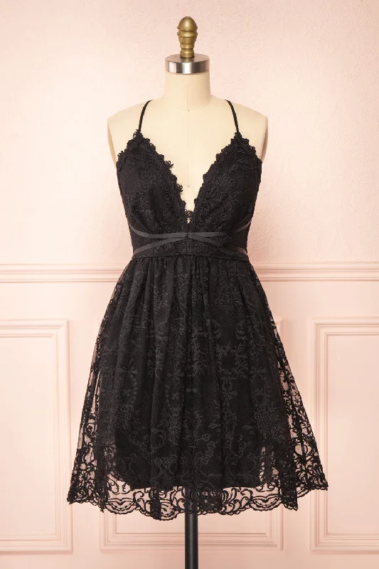 Midi dresses with wrap - around skirts for a customizable fitSofie Black | Short Embroidered Dress w/ V-neckline Midi dresses with wrap - around skirts for a customizable fitSofie Black | Short Embroidered Dress w/ V-neckline