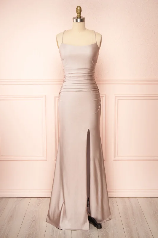 Midi dresses with satin - finish fabrics for a luxurious feelSonia Taupe | Mermaid Maxi Dress w/ Slit