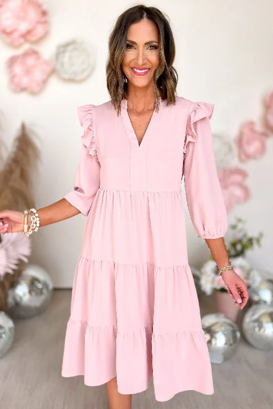 Midi dresses with patchwork patterns for a one - of - a - kind styleSSYS Blush Three Quarter Sleeve Ruffle Shoulder Tiered Midi Dress Midi dresses with patchwork patterns for a one - of - a - kind styleSSYS Blush Three Quarter Sleeve Ruffle Shoulder Tiered Midi Dress