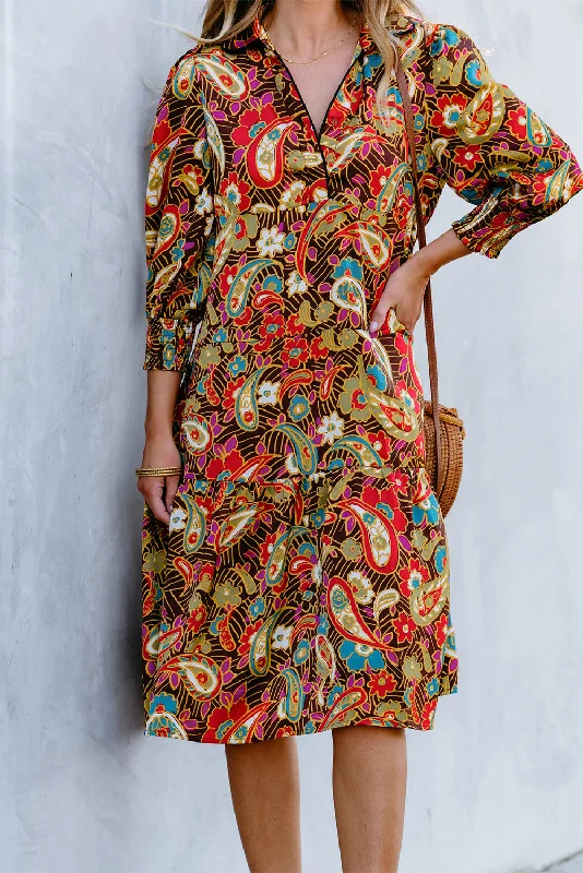 Midi dresses with button - down skirts for a unique and functional designYellow Paisley Mixed Print Collared 3/4 Sleeve Midi Dress Midi dresses with button - down skirts for a unique and functional designYellow Paisley Mixed Print Collared 3/4 Sleeve Midi Dress