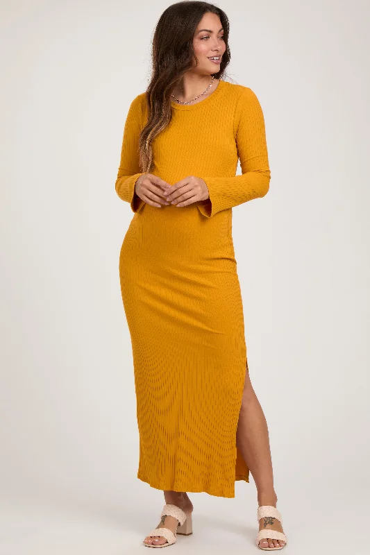 Wrap - style midi dresses in silk for a sophisticated office lookYellow Ribbed Side Slit Maternity Maxi Dress Wrap - style midi dresses in silk for a sophisticated office lookYellow Ribbed Side Slit Maternity Maxi Dress
