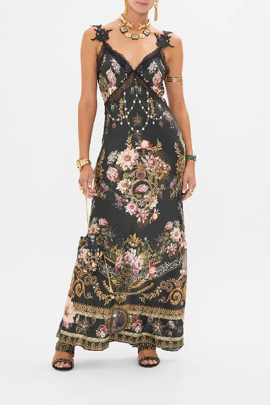 Maxi dresses with a ruffled neckline for a charming lookV NECK FULL LENGTH BIAS SLIP DRESS DYNASTY DAZE Maxi dresses with a ruffled neckline for a charming lookV NECK FULL LENGTH BIAS SLIP DRESS DYNASTY DAZE