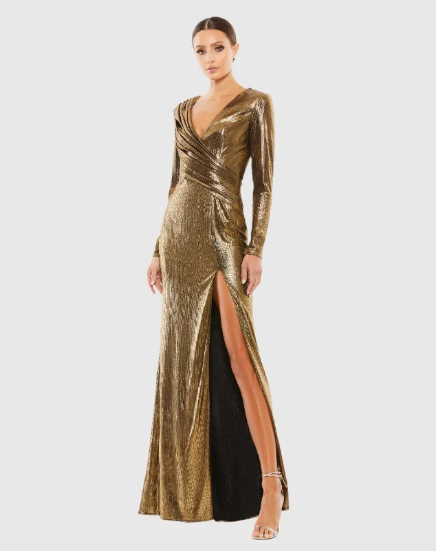 Satin maxi dresses with a high - low hem for a modern twistMetallic Long Sleeve Asymmetrical Ruched Gown Satin maxi dresses with a high - low hem for a modern twistMetallic Long Sleeve Asymmetrical Ruched Gown