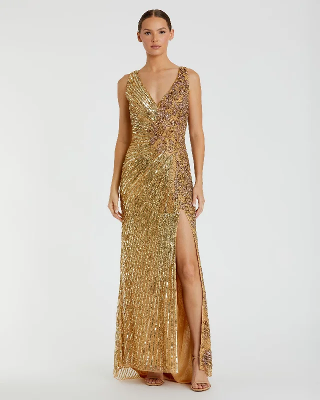 Maxi dresses with cold - shoulder cutouts for a trendy lookGold Beaded Floral Sleeveless Gown Maxi dresses with cold - shoulder cutouts for a trendy lookGold Beaded Floral Sleeveless Gown