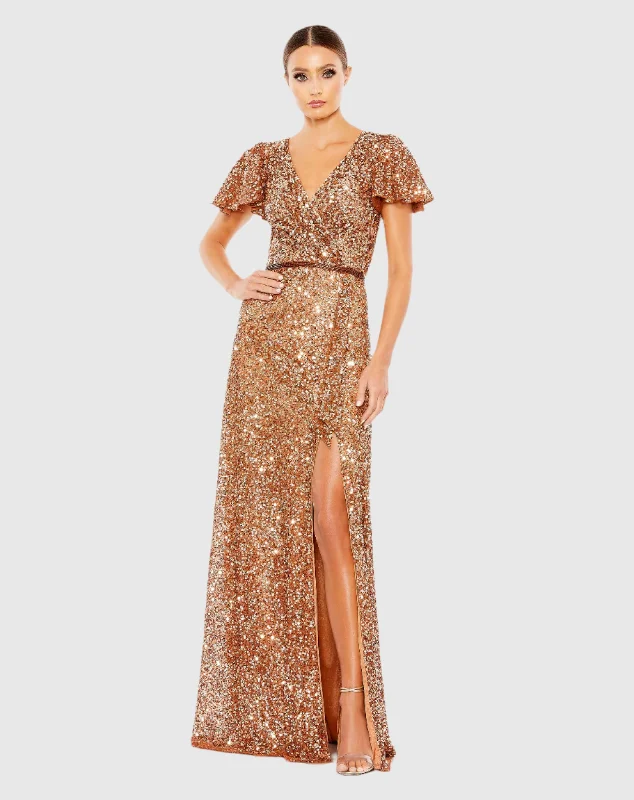 Printed maxi dresses with abstract patterns for an artistic lookSequined Wrap Over Butterfly Sleeve Draped Gown Printed maxi dresses with abstract patterns for an artistic lookSequined Wrap Over Butterfly Sleeve Draped Gown