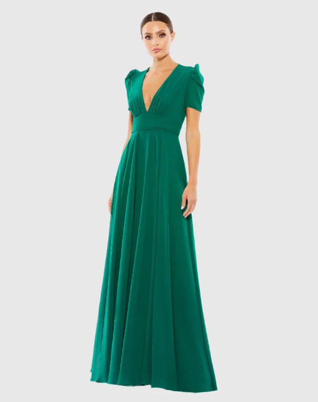Satin maxi dresses with a high - low hem for a modern twistPlunge Neck Cap Sleeve Gown Satin maxi dresses with a high - low hem for a modern twistPlunge Neck Cap Sleeve Gown