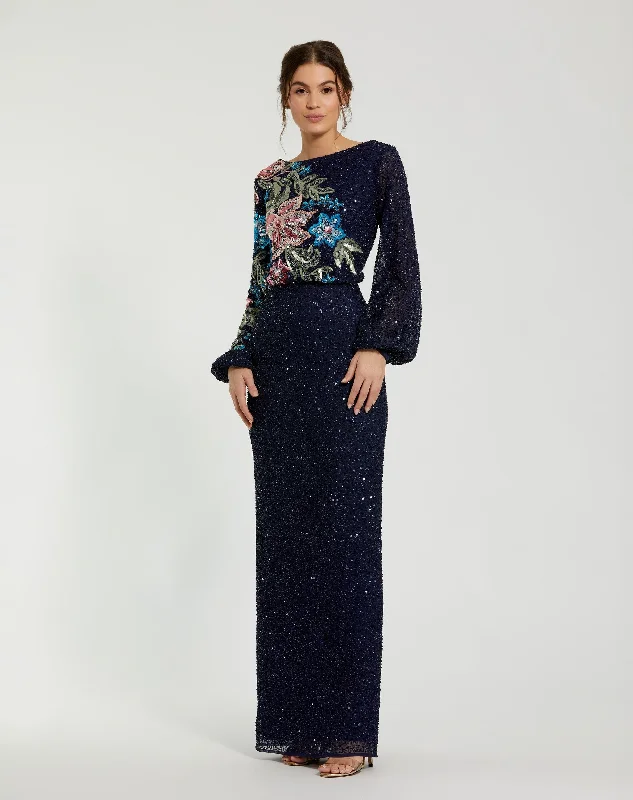 Denim maxi dresses with frayed hems for a casual lookBlue Embellished Multi Color Floral High Neck Gown Denim maxi dresses with frayed hems for a casual lookBlue Embellished Multi Color Floral High Neck Gown
