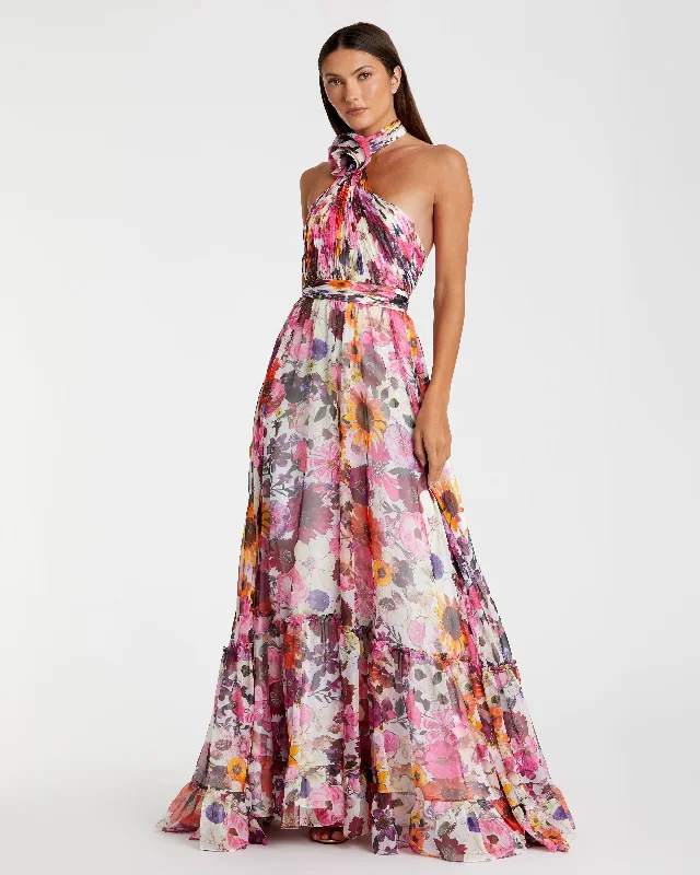 Maxi dresses with a button - down front for a classic lookAsymmetrical Ruffled Halter Floral Gown Maxi dresses with a button - down front for a classic lookAsymmetrical Ruffled Halter Floral Gown