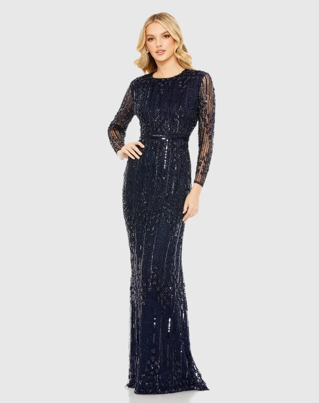 Leather maxi dresses for an edgy and bold appearanceEmbellished Long Sleeve Column Gown Leather maxi dresses for an edgy and bold appearanceEmbellished Long Sleeve Column Gown